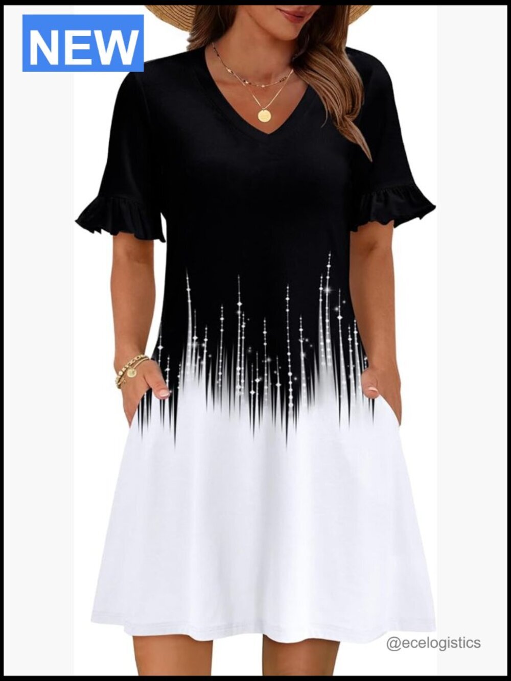Women's A-Line Sundress Ruffle Sleeve V-Neck Tshirt Dress Pockets